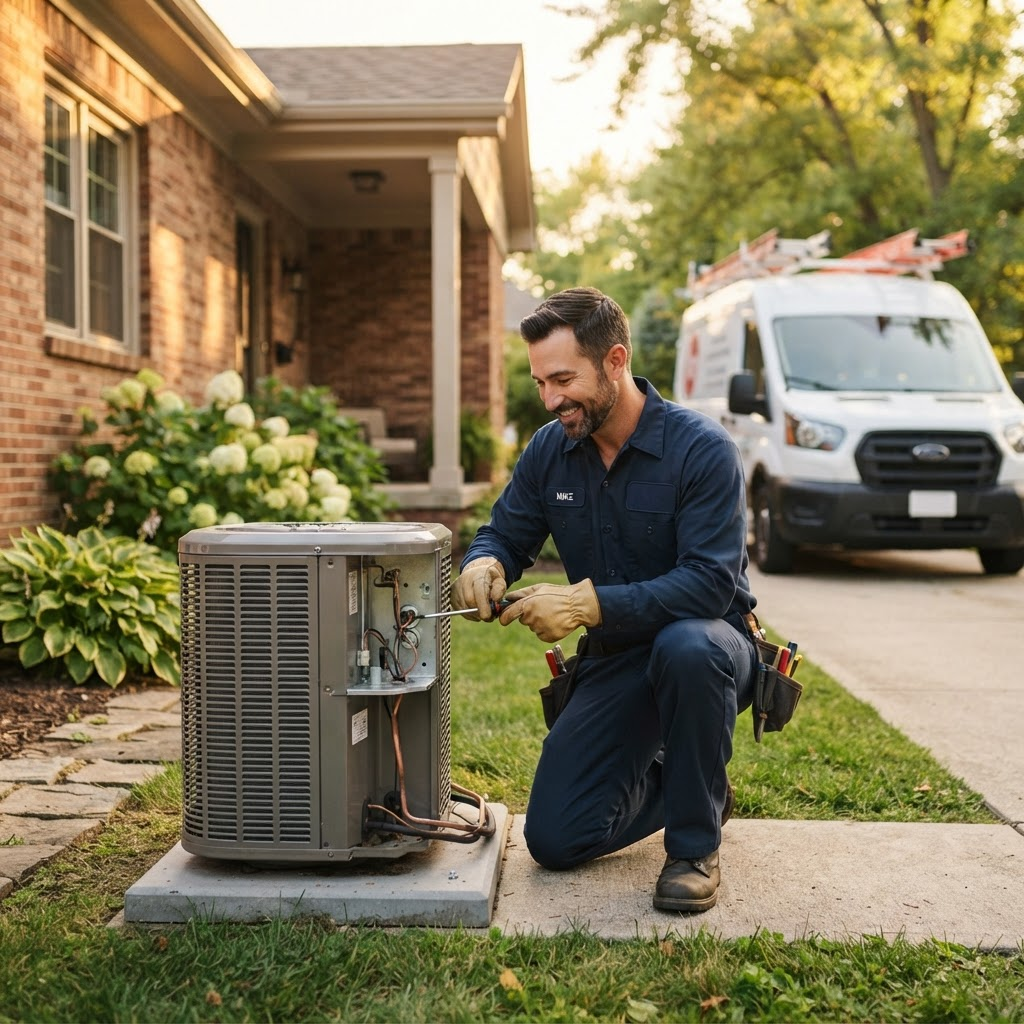 Ironbrook technician servicing an outdoor HVAC unit beside a home